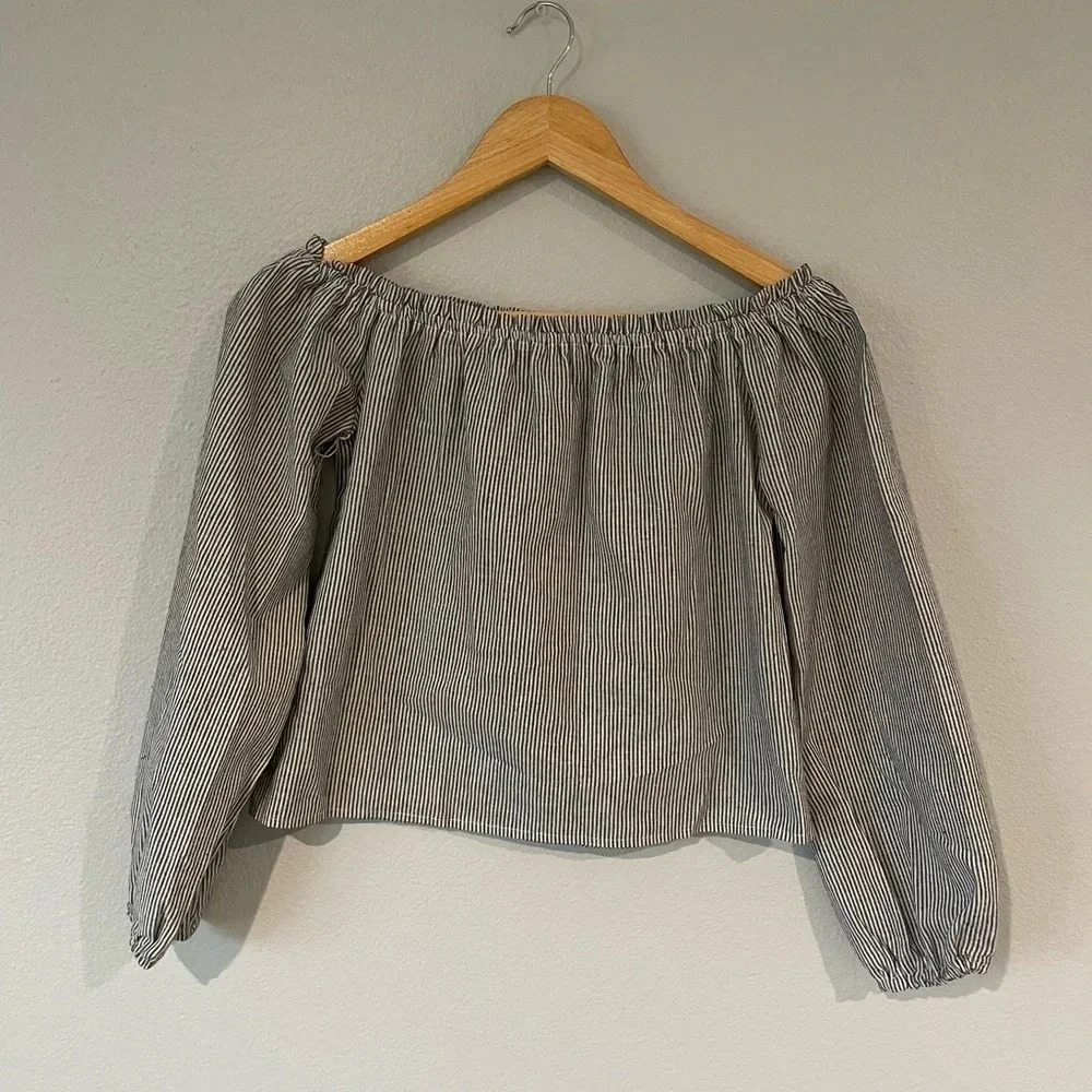 Brandy Melville Women's Off Shoulder Blouse Blue White Striped Long Sleeve O/S